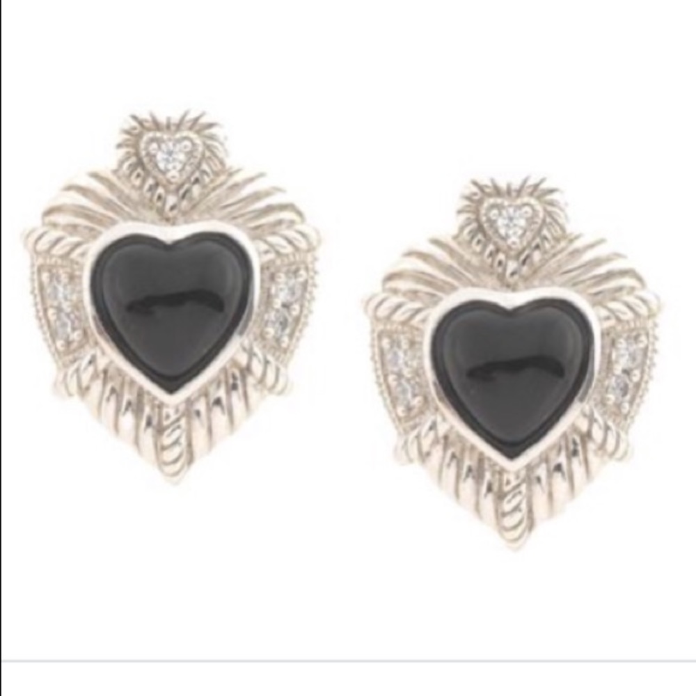 Judith Ripka Silver Heart Earrings with Black Onyx Centers